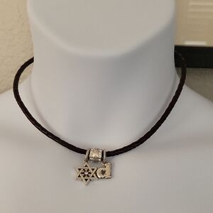 Brighton Brown Leather Choker with Silver Star of David & 2 additional Charms